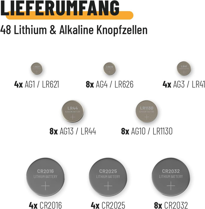 ABSINA 48er Pack Alkaline & Lithium Knopfzellen - 4X AG1 / 4X AG3 / 8X AG4 / 8X AG10 / 8X AG13 / 4X