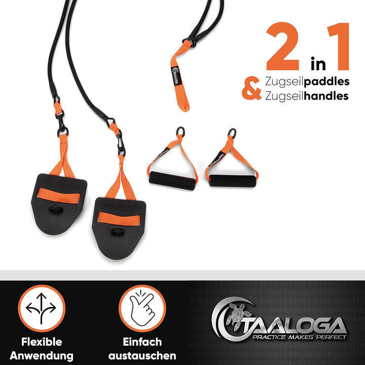 TAALOGA® 2in1 Zugseil Schwimmen I Schwimmtraining I Zugseiltraining mit Handpaddles und Griffen
