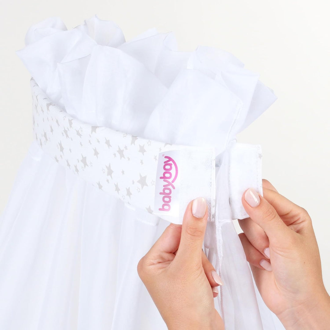 babybay Himmel Piqué mit Band passend für alle Modelle bis 96 cm Länge, weiss Sterne perlgrau, Wei&#
