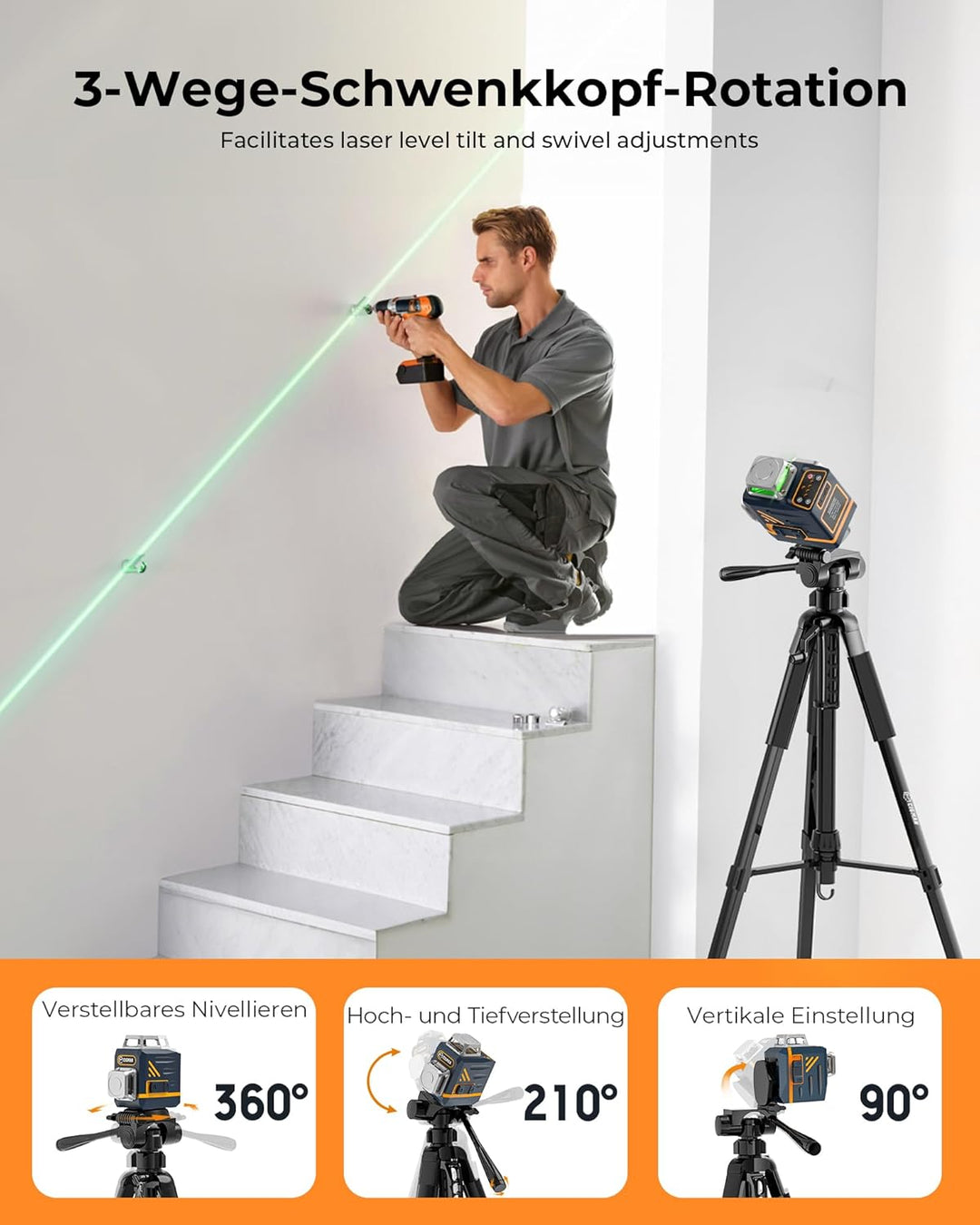 Stativ Laser, CIGMAN 1,5m-Aluminium-Verstellstativ Baustativ für Laser und Kameras mit 3-Wege-Schwen