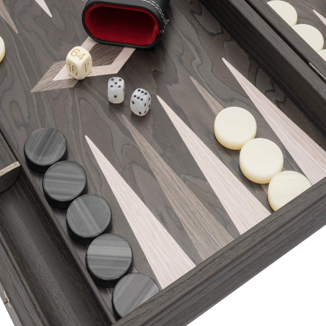 Manopoulos Backgammon-Set aus Ebenholz und Eiche mit Vinyl Deluxe-Bechern