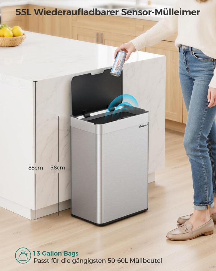 lovewind 55L Berührungsloser Küchenmülleimer, Edelstahl Sensor Mülleimer, Type-C Aufladbar, Leiser S