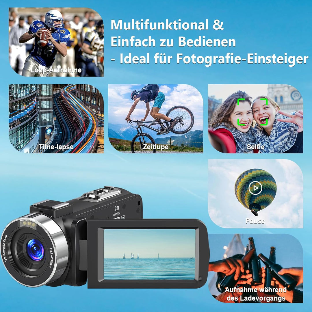 Videokamera 4K 80MP Camcorder für YouTube,30FPS Webcam IR Nachtsicht Vlogging Kamera,18X Digitalzoom