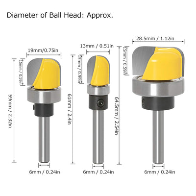 3pcs 6mm Shank Round Nose Router Bits Set Hochfester Core Box Router Bit Holzbearbeitung Fräswerkzeu