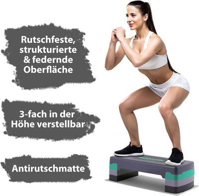 MAXXIVA Stepper Aerobic-Fitness-Steppbrett grün grau mit Antirutsch-Matte 67 x 27,5 x 10/15/20 cm hö