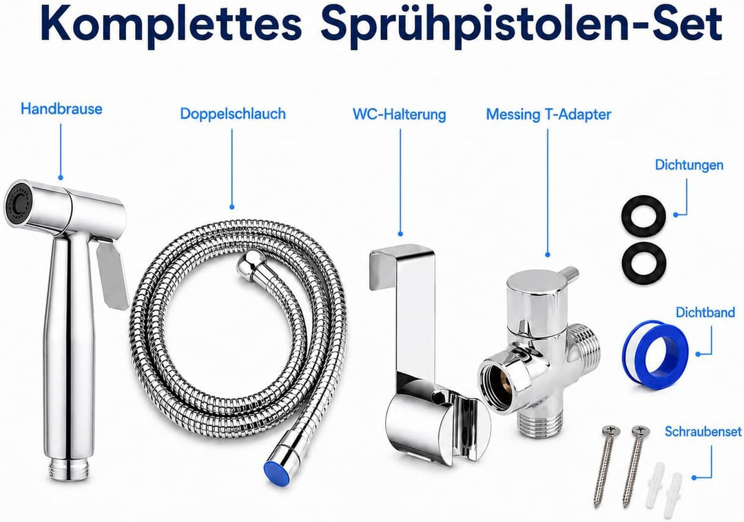 Bidet Handbrause Set aus 304 Edelstahl, Toilettensprühgerät mit G1/2-Zoll T-Adapter, 1,5m Brauseschl