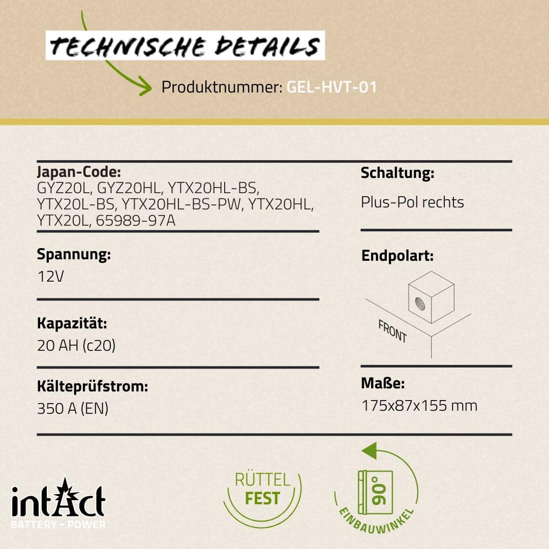 intAct - GEL HVT-01 MOTORRADBATTERIE - Motorrad Batterie perfekt für Harley Davidson & andere hubrau