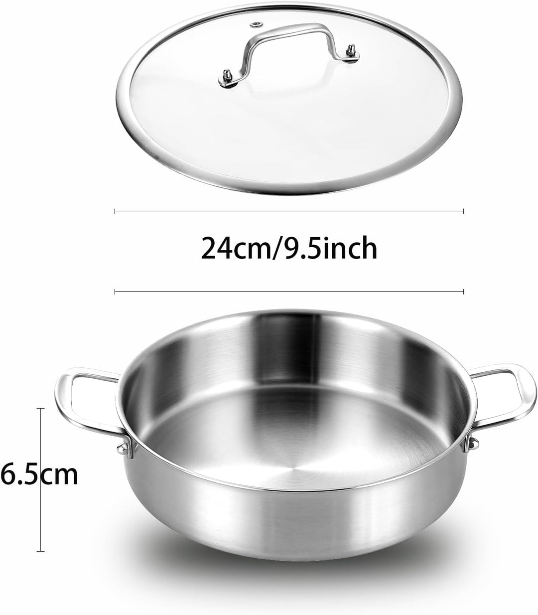 Servierpfanne 24 cm: Dreilagige Edelstahl Pfanne,Tri-ply Stainless Steel Sauteuse,Schmorpfanne mit D