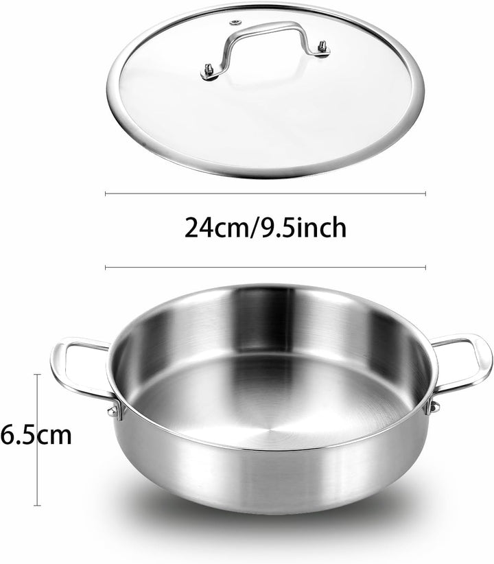 Servierpfanne 24 cm: Dreilagige Edelstahl Pfanne,Tri-ply Stainless Steel Sauteuse,Schmorpfanne mit D