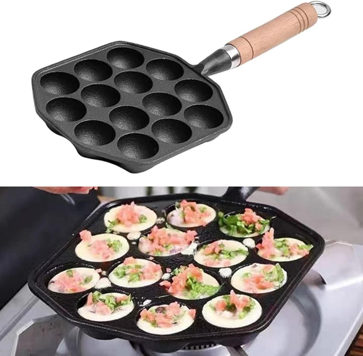 Takoyaki-Pfanne, Japanische Grillpfanne aus Antihaftbeschichtetem Gusseisen mit 14 Löchern und Abneh