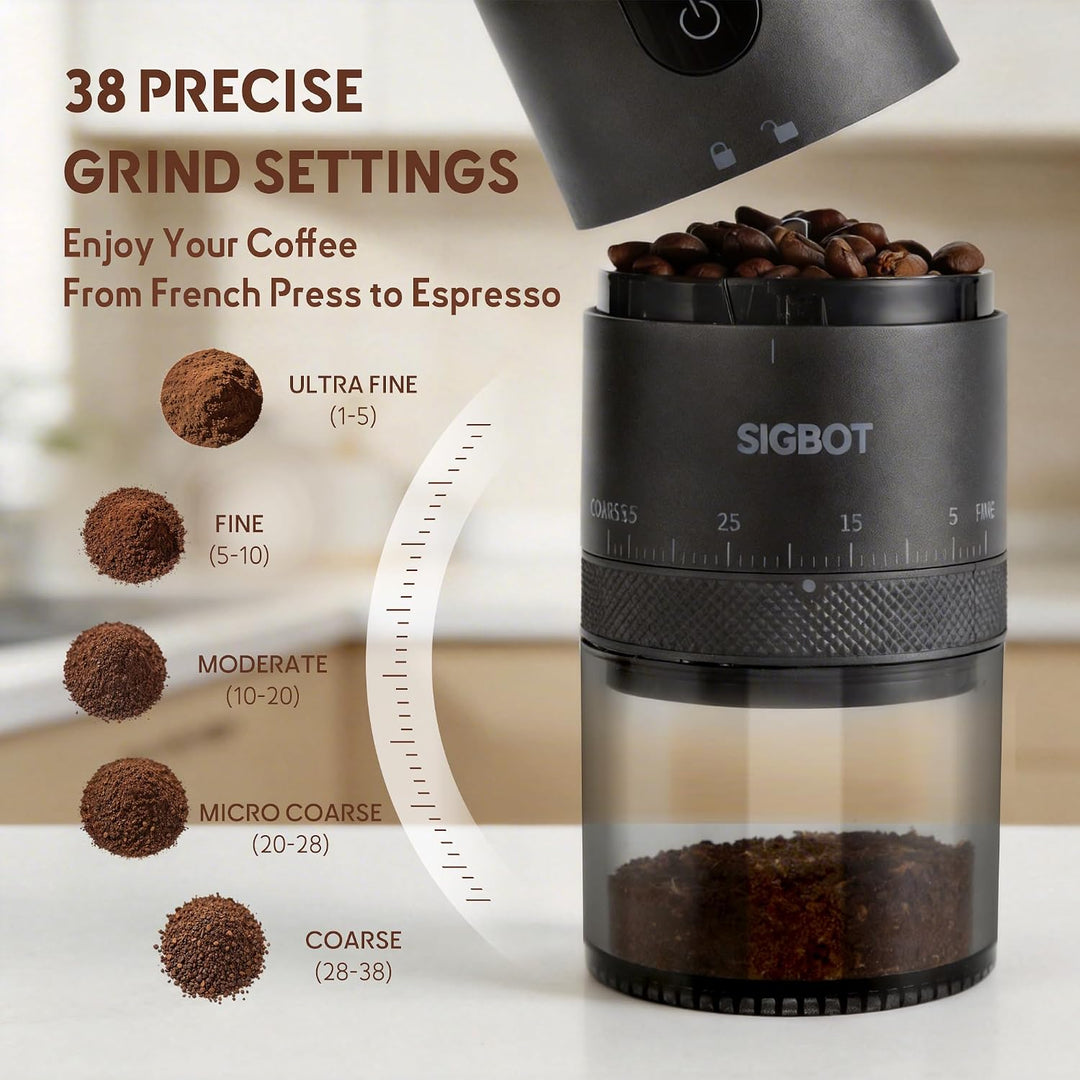 SIGBOT Elektrische Kaffeemühle mit Kegelmahlwerk – 38 Externe Mahlstufen, Konische Keramikmahlwerke