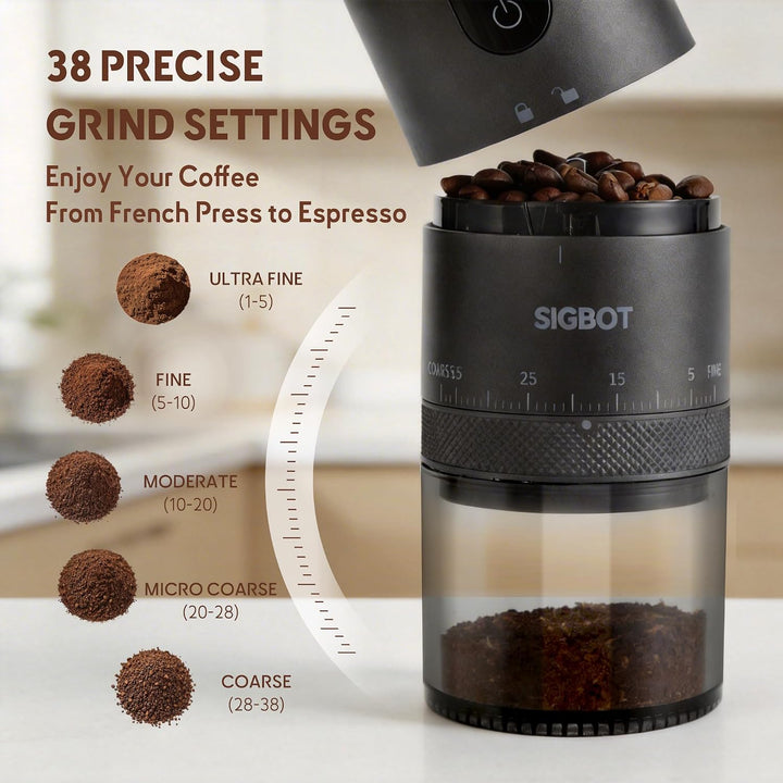 SIGBOT Elektrische Kaffeemühle mit Kegelmahlwerk – 38 Externe Mahlstufen, Konische Keramikmahlwerke