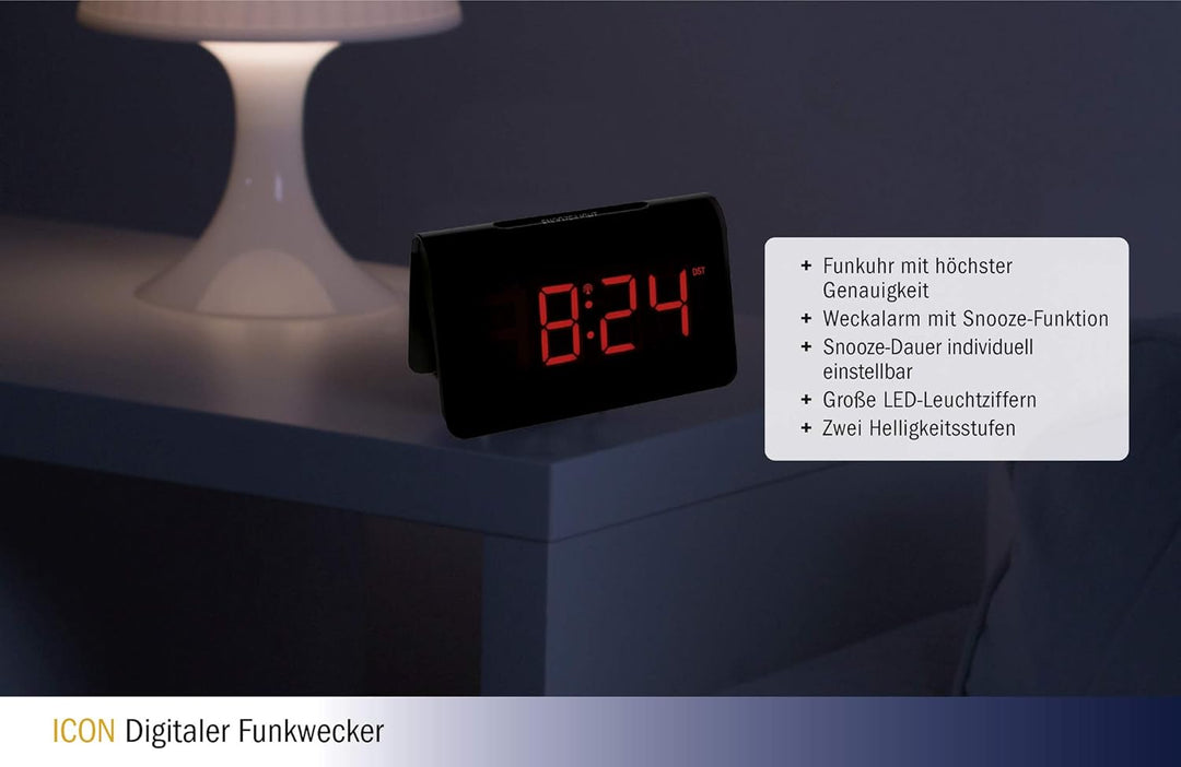 TFA Dostmann ICON Digitaler Funk-Wecker, 60.2543.05, Weckalarm mit individueller Snooze-Dauer, 2 Hel