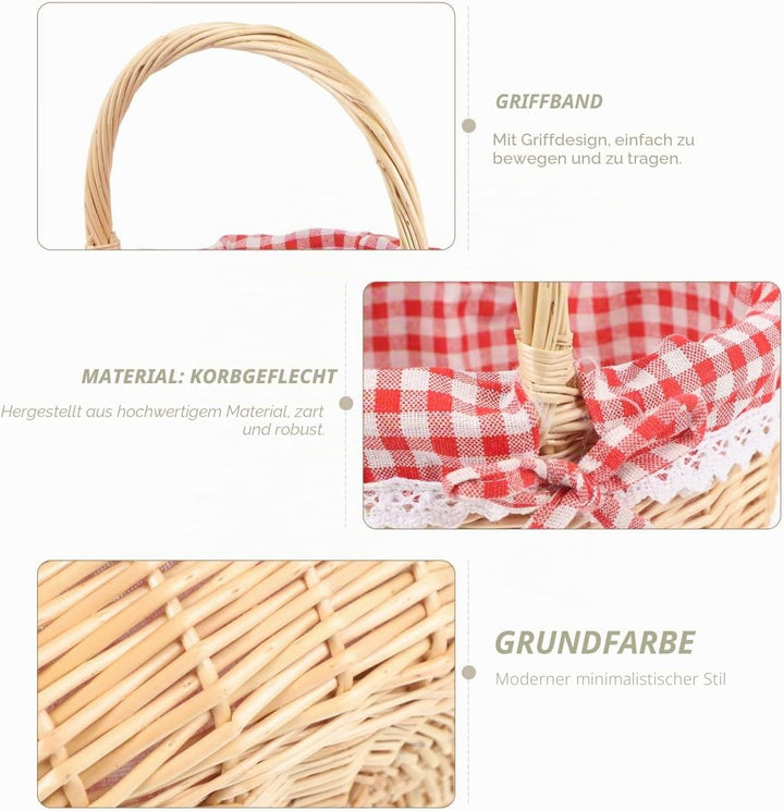 Vintage-Osterkorb Aus Weide Klein: Süsser Leerer Picknickkorb – Rot Kariert Mit Griff Für Eier Süssi