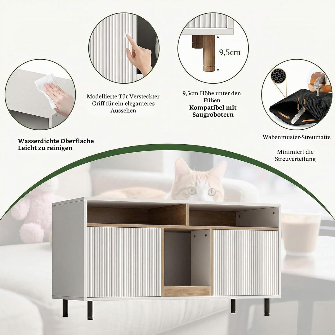 Katzenklo Schrank für 2 Katzen mit Sandauffangmatte, XXL Sideboard für Katzentoilette Versteckt, Mul