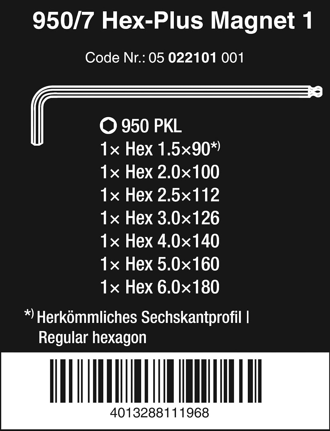 Wera 950 PKL/7B SM Magnet Winkelschlüsselsatz, metrisch, gestellverchromt, 7-teilig, 05022101001