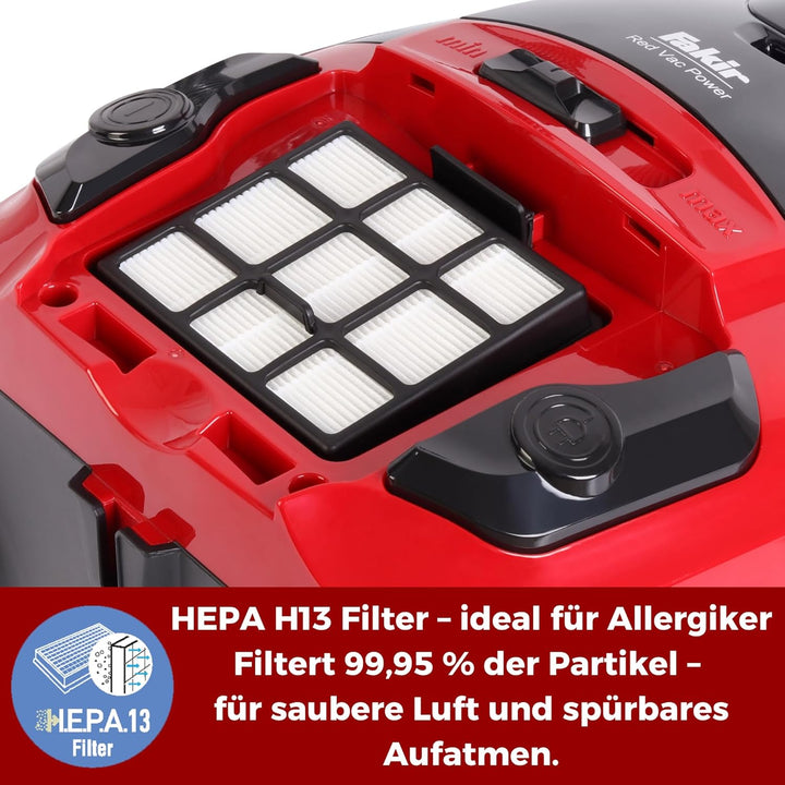 Fakir Red Vac Power Staubsauger mit Beutel 700W, Bodenstaubsauger mit Kabel, HEPA H13 Filter, sehr l