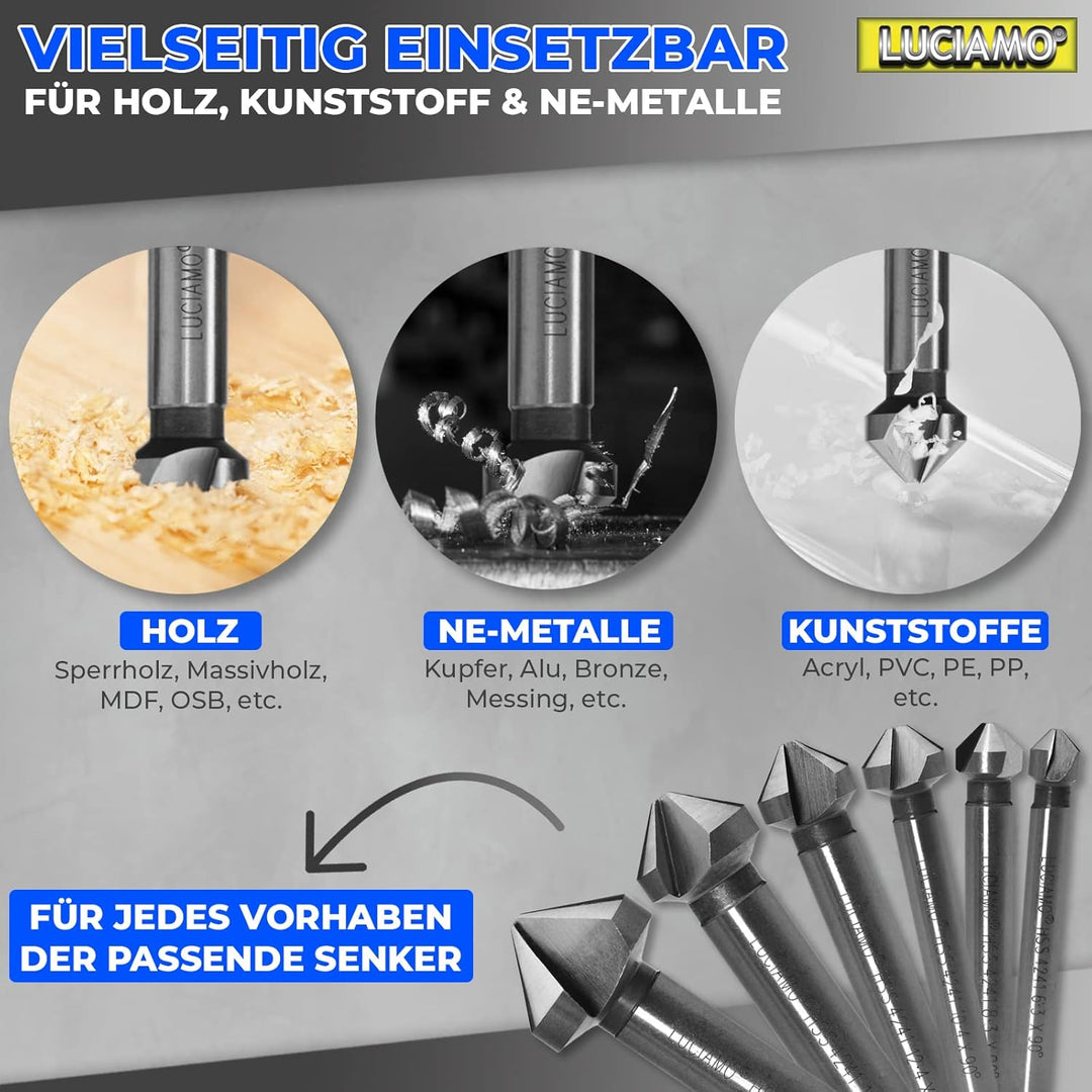 LUCIAMO 6 Stück 90° Profi Senker Set HSS 4241 - für Holz, NE-Metall und Kunststoff - ein Muss für je