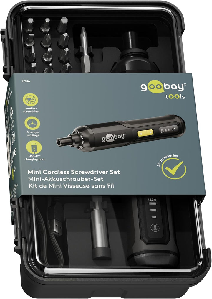 goobay Mini-Akkuschrauber-Set 28 teilig - 24 Bits, 1 Verlängerung, 1 Halterung und 1 Adapter aus Chr