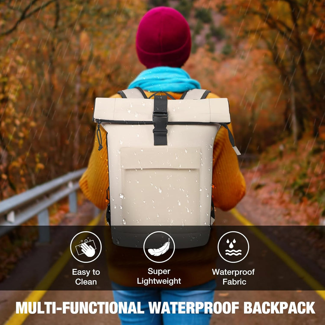 Rolltop Rucksack Damen & Herren, Elegant Laptop Rucksack Wasserdicht mit 17 Zoll Laptopfach, Grosser