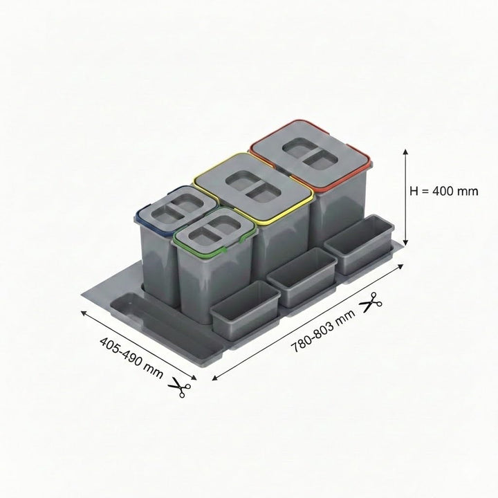 Mülltrennsystem Küche für 90 cm Schrank 4-fach 80,3x49x40 cm (2x 20L + 2x 9L) mit Deckel Einbau Abfa