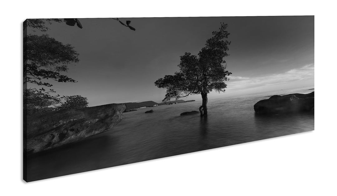 Abenddämmerung am Meer Panorama 80x40 cm Effekt: Schwarz/Weiss als Leinwandbild, Motiv fertig gerahm
