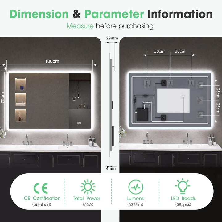 S'bagno Badspiegel-mit-Beleuchtung 100x70cm, Led-Badezimmerspiegel-mit-Licht, Entfoggen, 3 Farben, D