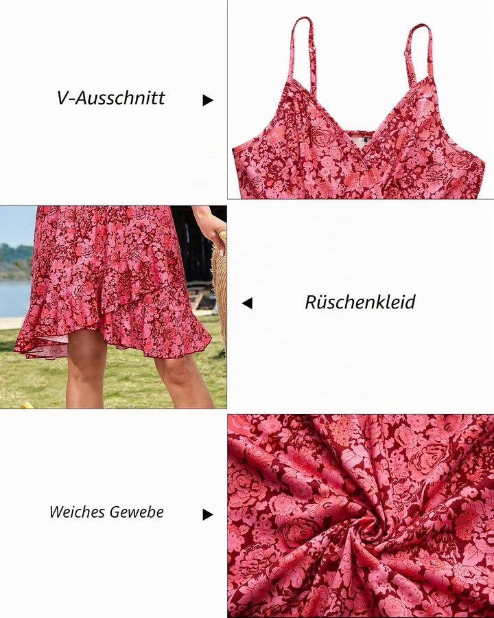 ULTRANICE Damen Sommerkleider Blumenmuster Kleid V-Ausschnitt Strandkleid Verstellbaren Spaghettiträ