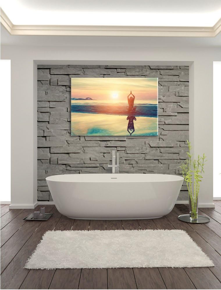 Pixxprint Frau in Einer Yogapose am Strand Kunst Buntstift Effekt, Format: 100x70 auf Leinwand, XXL