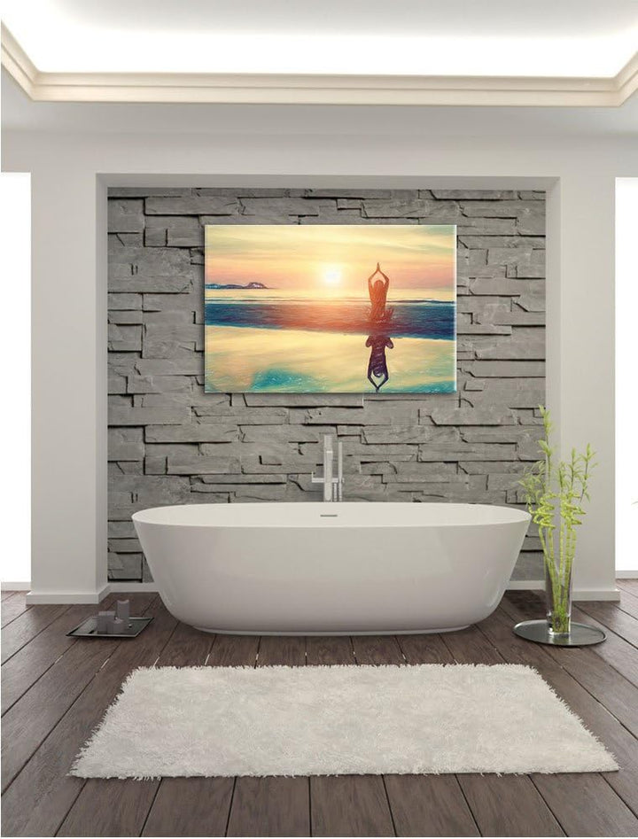 Pixxprint Frau in Einer Yogapose am Strand Kunst Buntstift Effekt, Format: 100x70 auf Leinwand, XXL