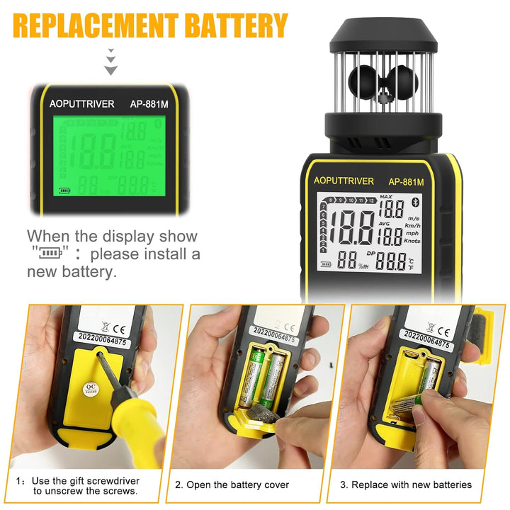 Digitaler Anemometer Handheld AP-881M Windmesser Anemometer mit 360°Windrichtung Wind Cup Anemometer