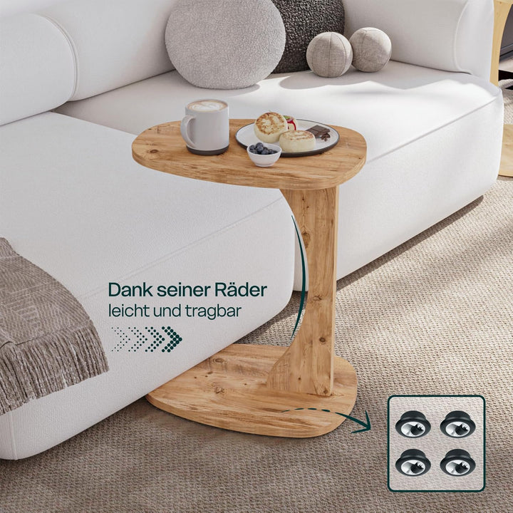 Beistelltisch Couch mit Rollen, Kleiner Beistelltisch C-Form, Sofatisch in stylischer Holz-Optik, Kl