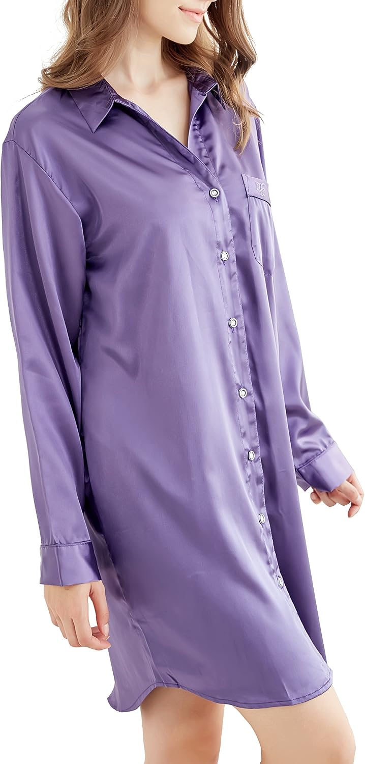 Nachthemd Damen, Satin Nachtkleid Langarm Nachtwäsche mit Knopfleiste Schlafhemd Freizeitkleidung Vi