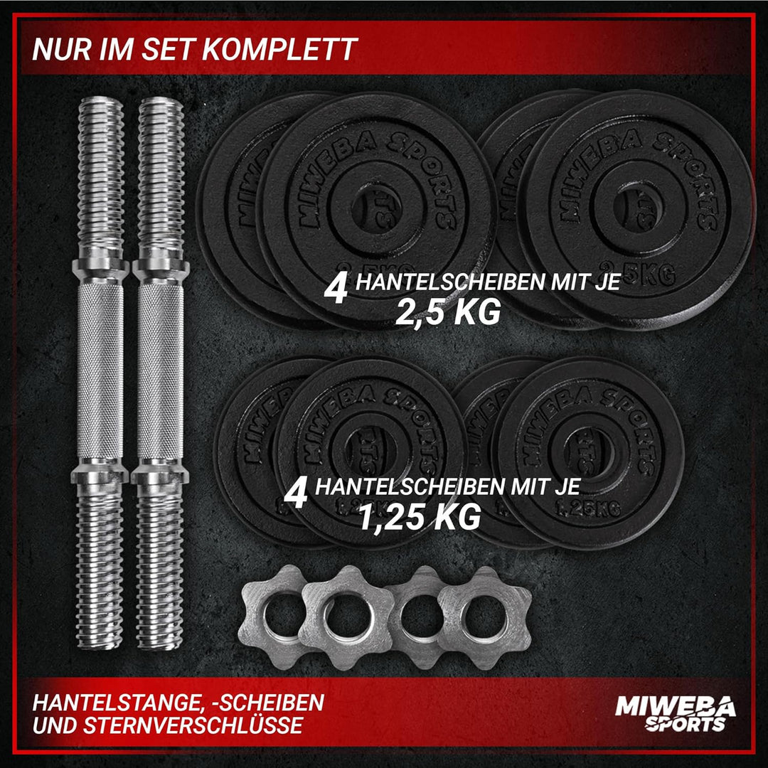 Miweba Sports Hantelset MKH110 | 10 kg | 20kg - 𝐏𝐫𝐨𝐟𝐢 Einzelhantel - Hanteln 2er Set - Stange 30mm -