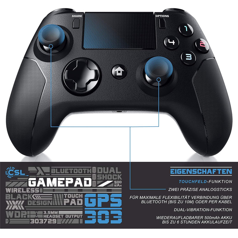 CSL - Wireless Controller für PS4 / PS4 Pro - Bluetooth Gamepad mit Dual Vibration Shock - kompatibe