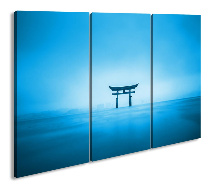 deyoli Schrein in Japan am Meer Format: 120x80 cm (3Teilig) Effekt: Monocrome Blau als Leinwandbild,