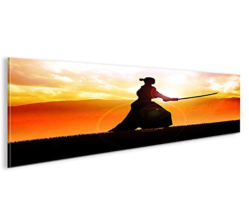 islandburner Bild Bilder auf Leinwand Samurai Kämpfer im Sonnenuntergang Panorama XXL Poster Leinwan