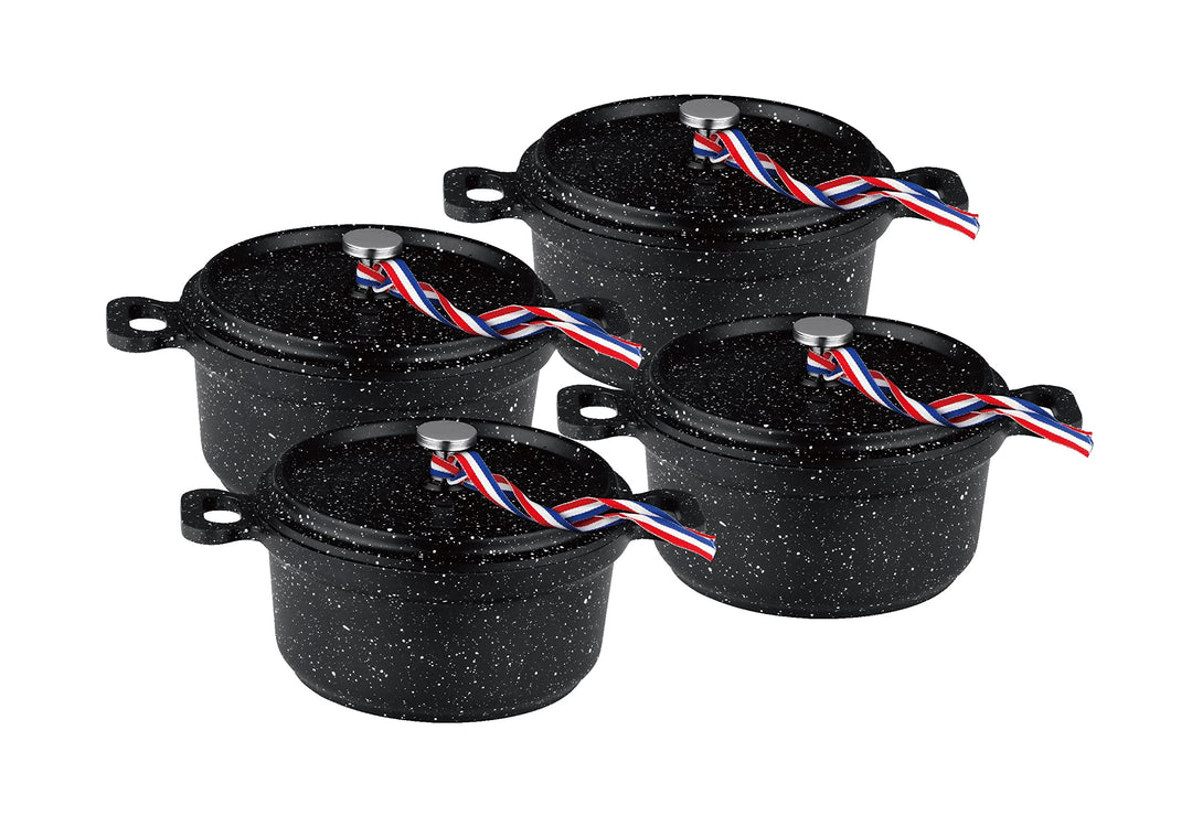 Kamberg – 0008199 – Set aus 4 Minischmortöpfen mit 12 cm Durchmesser, rund, schwarz – Aluminiumguss 