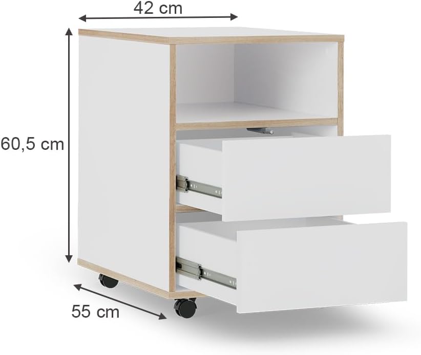 Vicco Rollcontainer Tetrix, Weiss, 42 x 55 cm mit Regalen und 2 Schubladen, Weiß