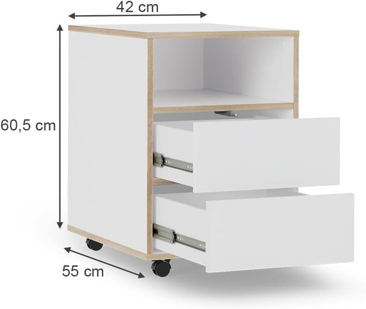 Vicco Rollcontainer Tetrix, Weiss, 42 x 55 cm mit Regalen und 2 Schubladen, Weiß