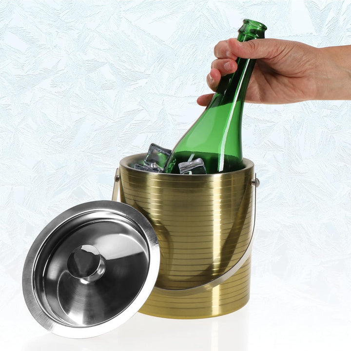 com-four® Eis-Eimer aus Edelstahl - Eis-Würfel-Behälter doppelwandig mit Deckel und Henkel - Sekt &