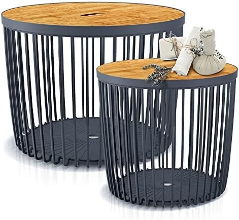 Beistelltisch Couchtisch Korbtisch Kaffeetisch ⌀ 36cm mit Holzplatte aus Bambus Tisch Aufbewarungsko