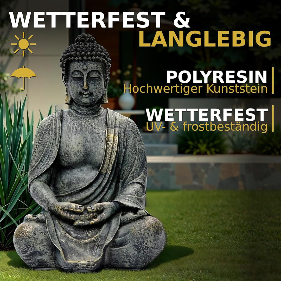 Buddha Figur Garten Gross 38cm - Sitzende Buddha Statue Wetterfest & Frostsicher aus Polyresin - Gar