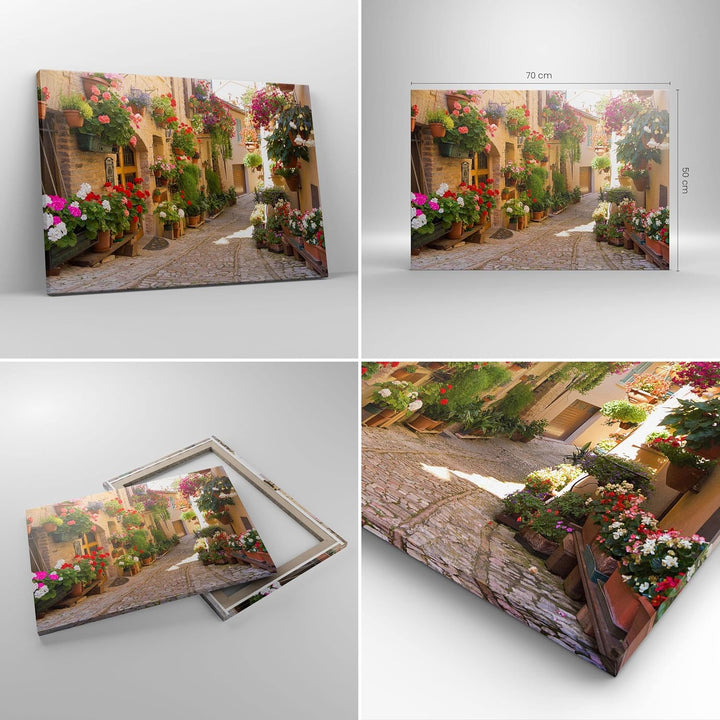 Bilder auf Leinwand Blume Strasse Haus Leinwandbild mit Rahmen 70x50cm Wandbilder Dekoration Wohnzim