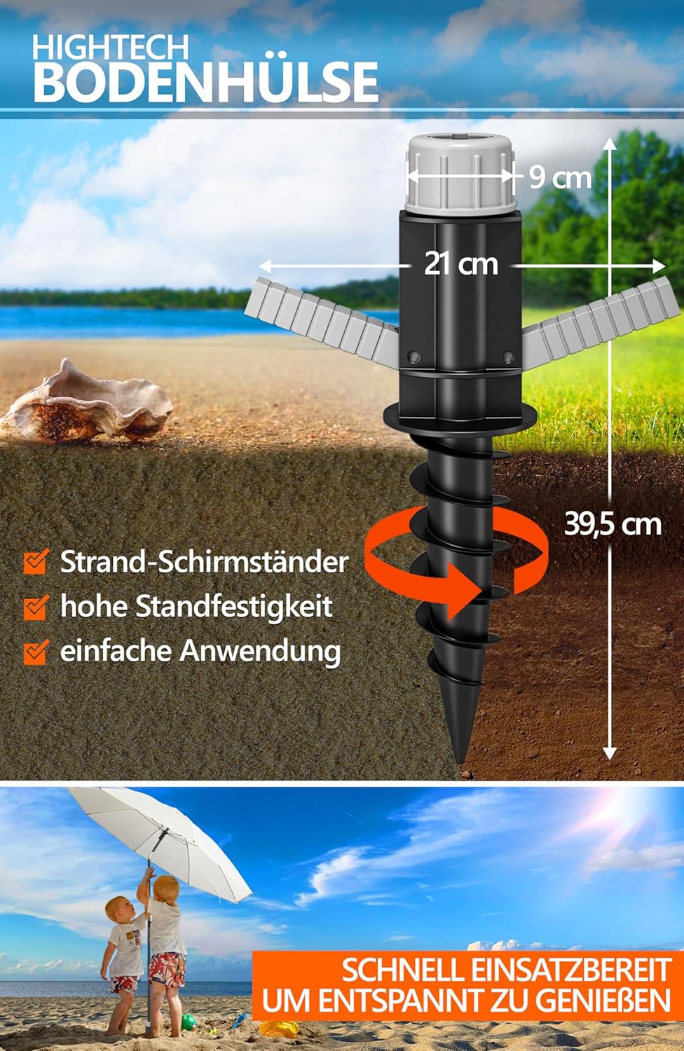 4smile Sonnenschirm Strand SunnyJoy, 3-in-1 SET, Beige - UPF 50+ Strandschirm Ø 160 cm + Sonnenschir