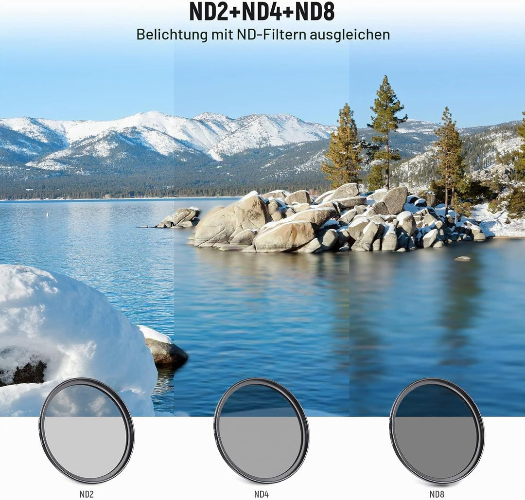 NEEWER 77mm ND Filter Set UV CPL(Polfilter) FLD ND2 ND4 ND8 Graufilter Gegenlichtblende und Objektiv