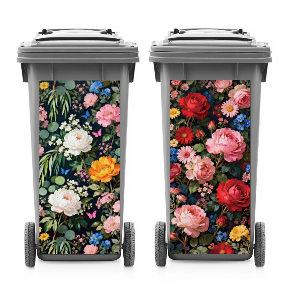 ANATTASOUL Mülleimer Aufkleber, 2 Blätter Mülltonnen Aufkleber 38×82cm Blumen Selbstklebend Aufklebe