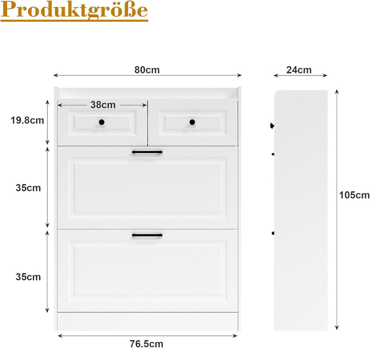Schuhschrank Weiss mit 2 Klappen, Schuhschrank mit Schublade, Schuhkipper Schmal, 80 cm Breit, Flur,