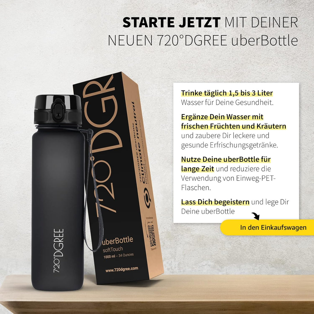720°DGREE Trinkflasche 1l Sport “uberBottle“ softTouch +Sieb - BPA-Frei - Wasserflasche für Uni, Arb