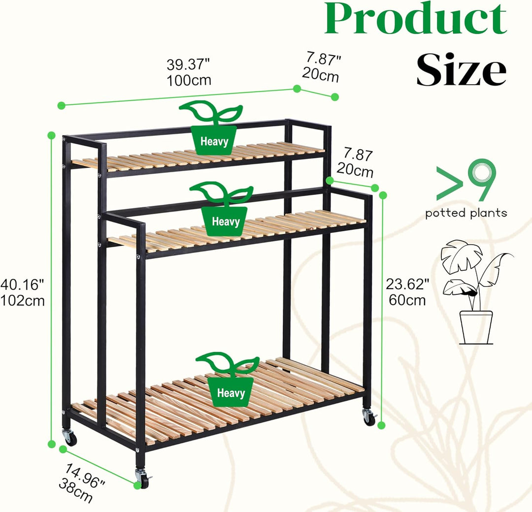 3-Tier Metallisches Pflanzenregal Klappregal mit Rollen – platzsparendes Etagen-Design für Innen & A